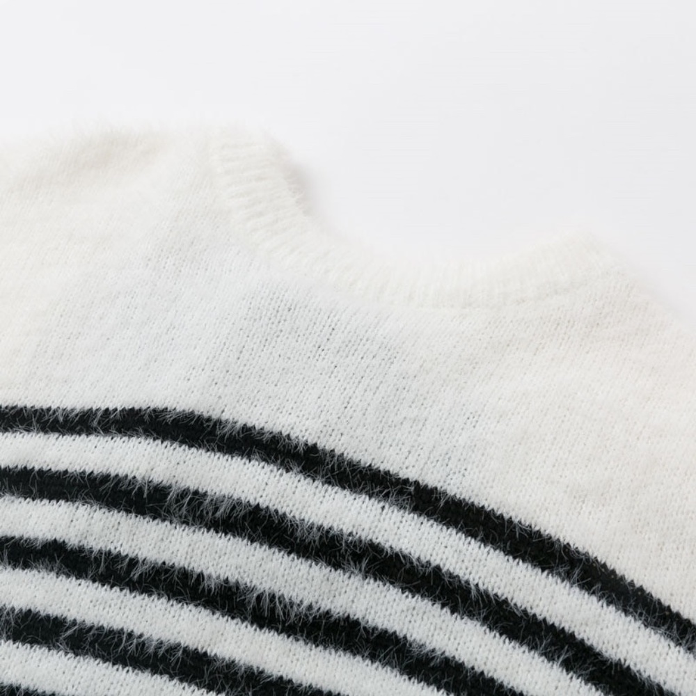 Open Back Fuzzy Striped White & Black Sweater - Picture 9 of 15